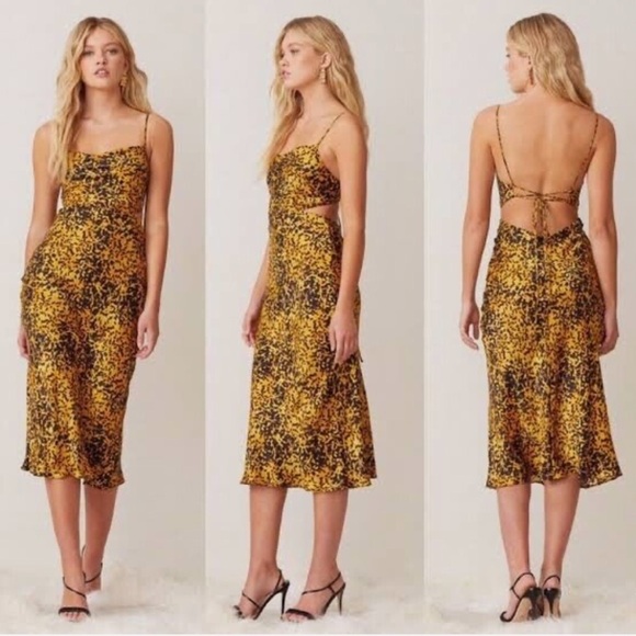 BEC & BRIDGE TURTLE ROCK MIDI SILK DRESS GOLD/BLACK Size 8 Wedding Party